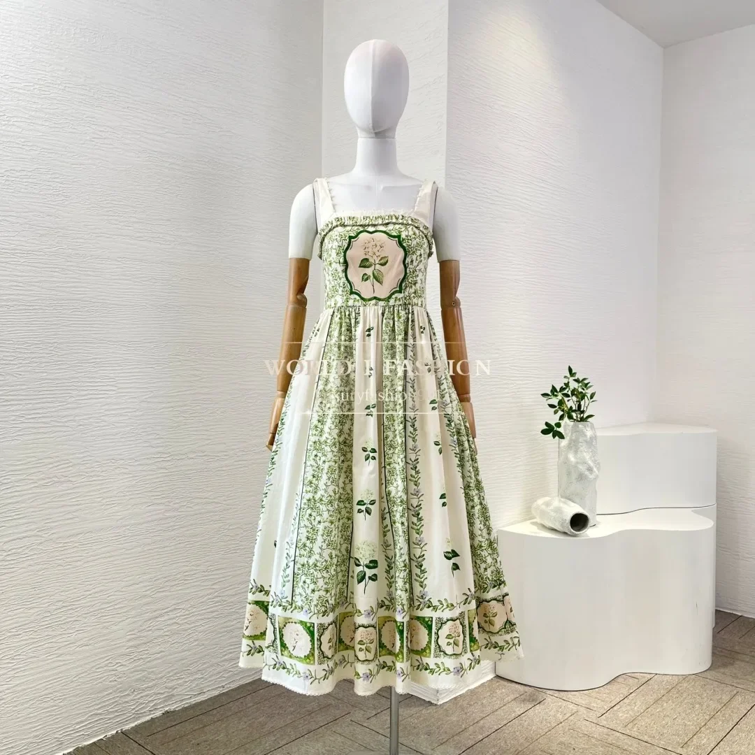 2025 Nuevo vestido midi plisado sin mangas con estampado de rosas verdes y flores delicadas