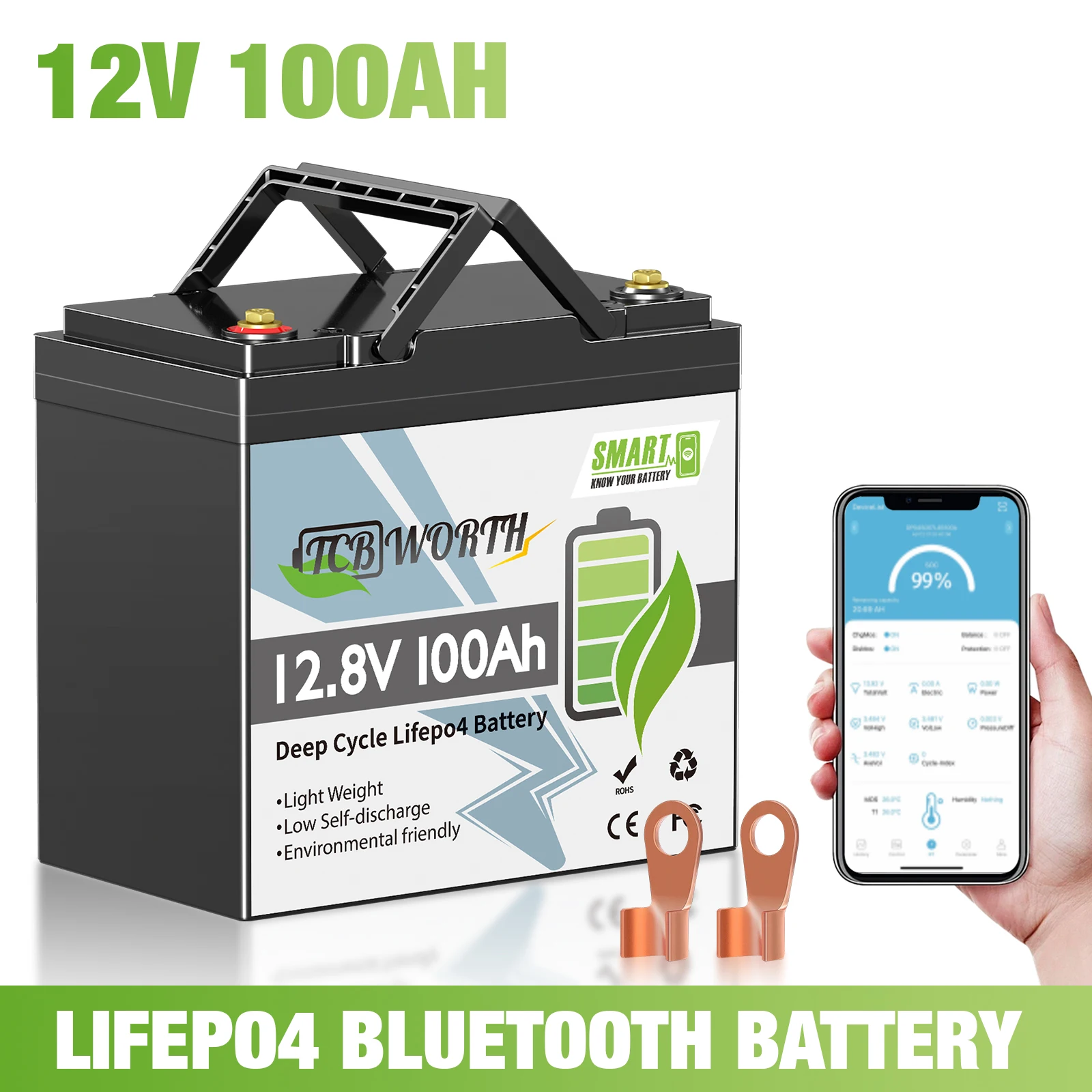 Batteria al litio LiFePO4 TCBWORTH 12V 100Ah con 100A BMS, protezione a bassa temperatura, oltre 7000 cicli per motori da traina, camper, sistema solare