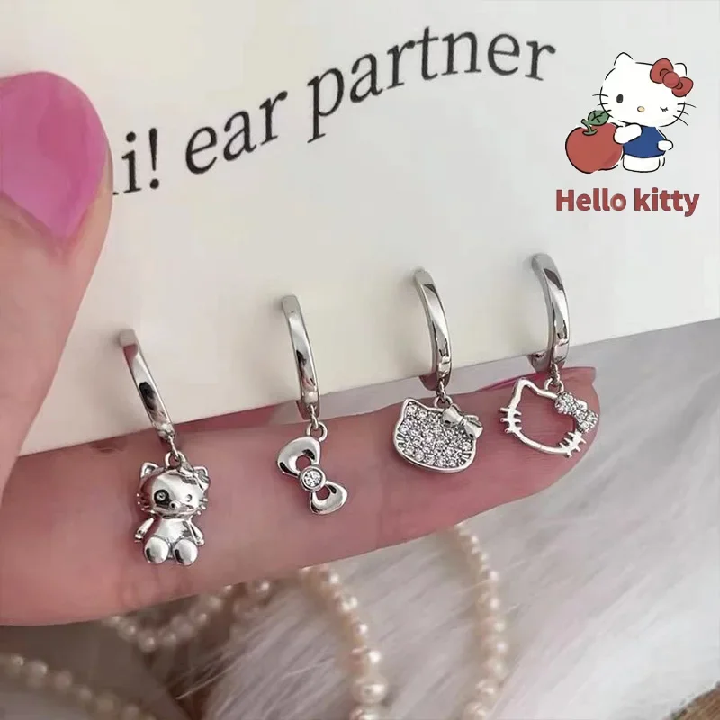 S925 Silver 2Pcs/Set Kawaii Sanrio Hello Kitty Earrings Cute Drop Asymmetric Women'S Earrings Harajuku Spicy Girl Style Earrings