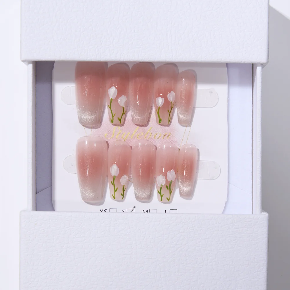 

10pcs Handmade Press on Nails 3D Tulip Hand-Painted Blush Cat's Eye Coverage Nail Piece for Women&Girl Detachable Wearable Nail
