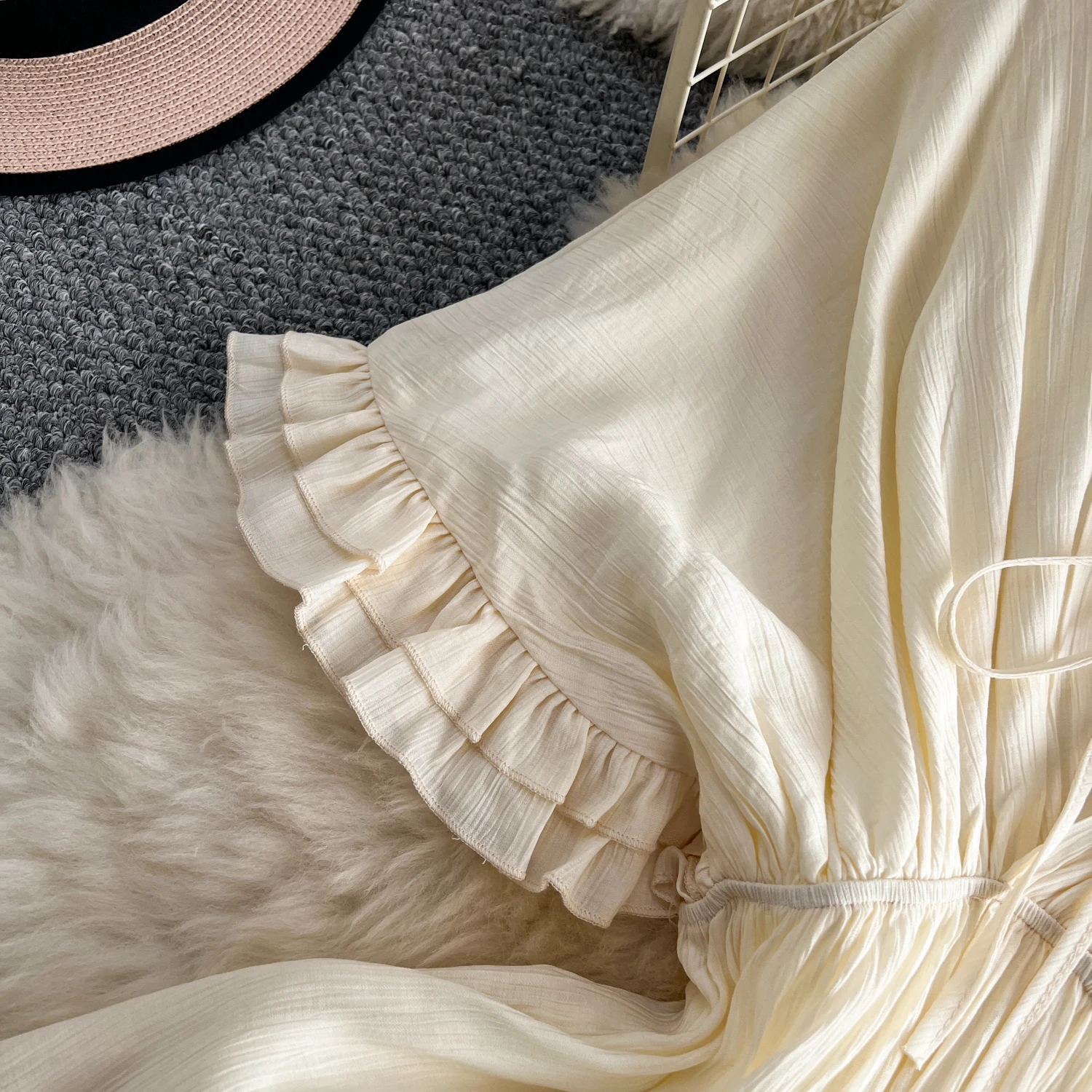 Francês vintage babados v frente de volta vestido longo verão senhora elegante grande balanço manga curta vestido sólido princesa bolo camada vestido