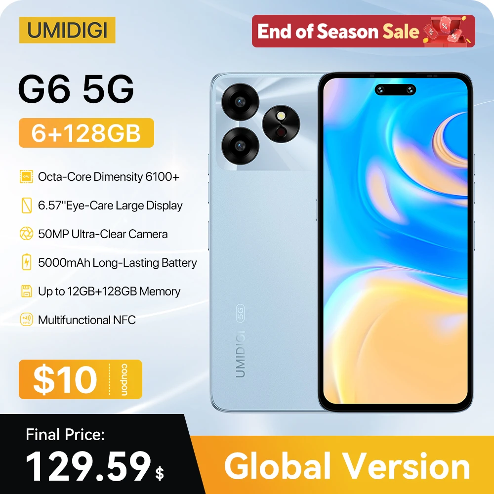 

[NEW 5G] UMIDIGI G6 5G Smartphone 5G Android 13 Dimensity 6100+ 6+6GB 128GB 6.57” 90Hz 50MP Ultra-Clear Eye-Care Dual Camera NFC