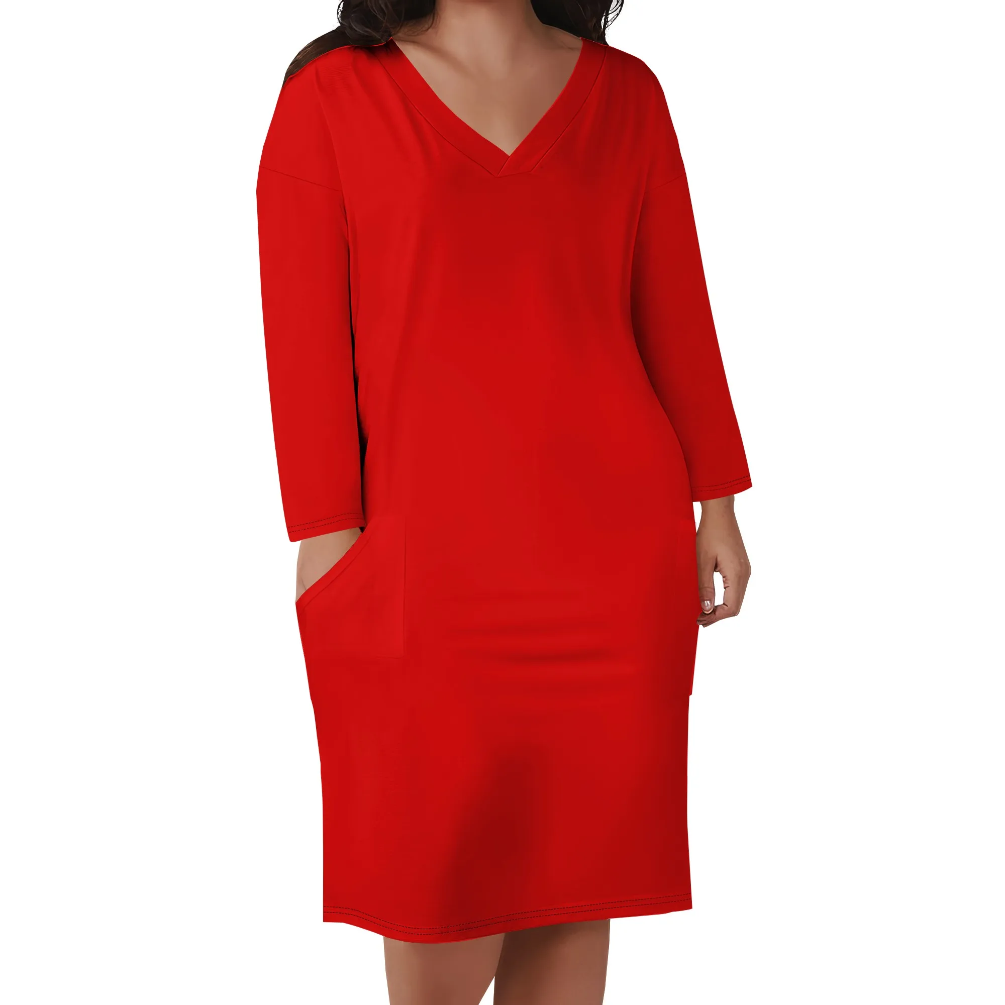 

Women's Summer V Neck Short Sleeve Midi Tshirt Dresses Casual Tunic Dress with Pockets