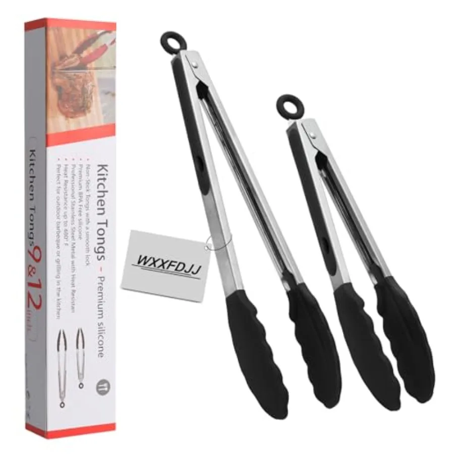 

600ºF Heat Resistant en Tongs2 Pack Black Cooking Tongs Premium Silicone BPA Free Non-Stick Stainless Steel BBQ Cooking Grillin