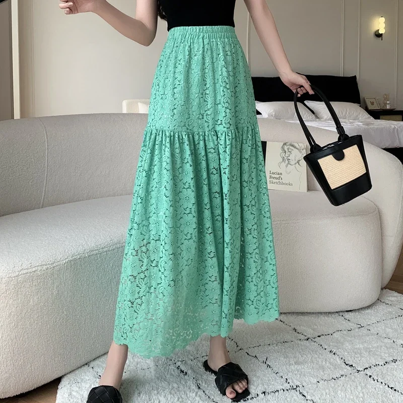 Vintage A Line Black Skirts Women 2024 Summer Korean Fashion Clothing Casual Faldas Elegant High Waist White Lace Long Skirt
