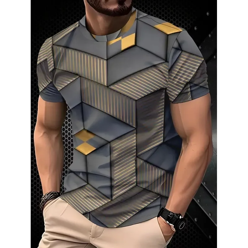 3D Digital Print Men T Shirt 2026 Geometric Stripe Gradient Color Block Crew Neck Short Sleeve Casual Plus Size Streetwear