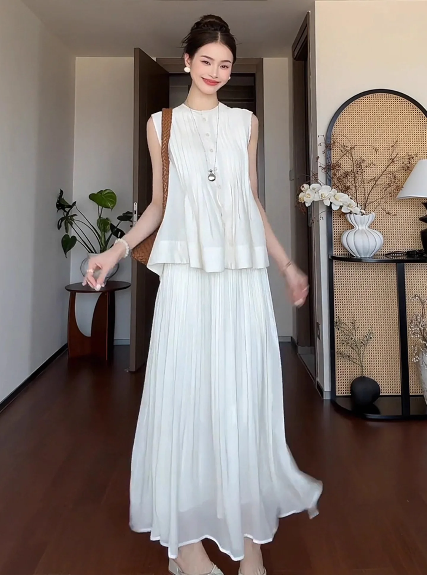 

White irt Two-Piece Set Faionable Youthful Ele Clete Outfit Summer 2025 Women's Casual Princ Sle round Ne