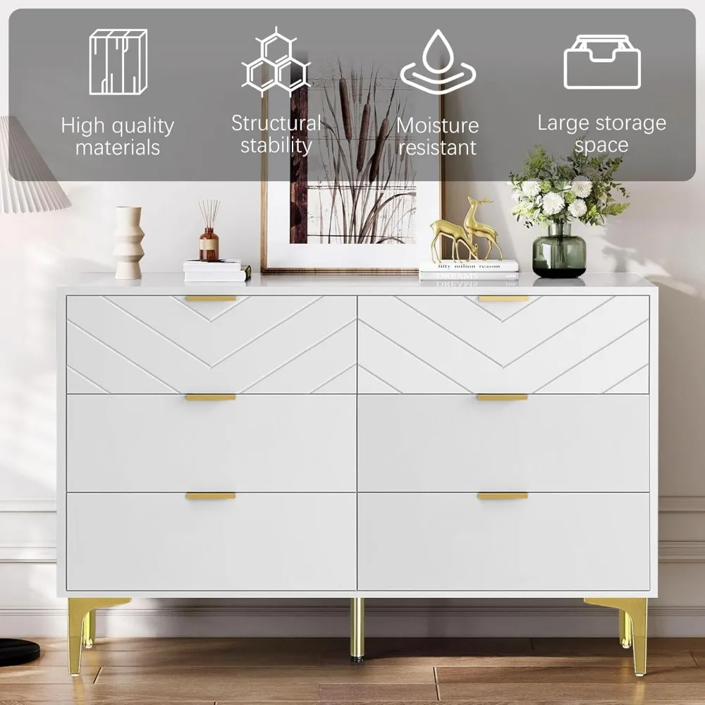 6 Drawers Dresser for Bedroom, Modern White Chest of Drawers Storage Chest Double Dresser Horizontal Dressers for Bedroom, Livin