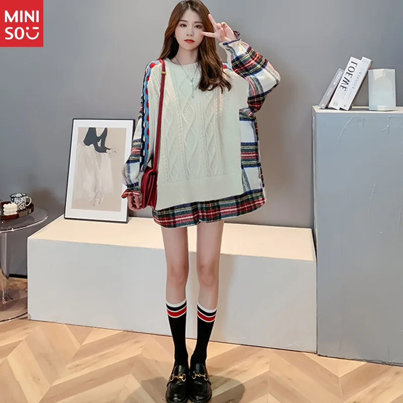 Miniso 2025 Oversized Sweater Dress, Shirt Patchwork Knit, Plus Size Long Lazy Top