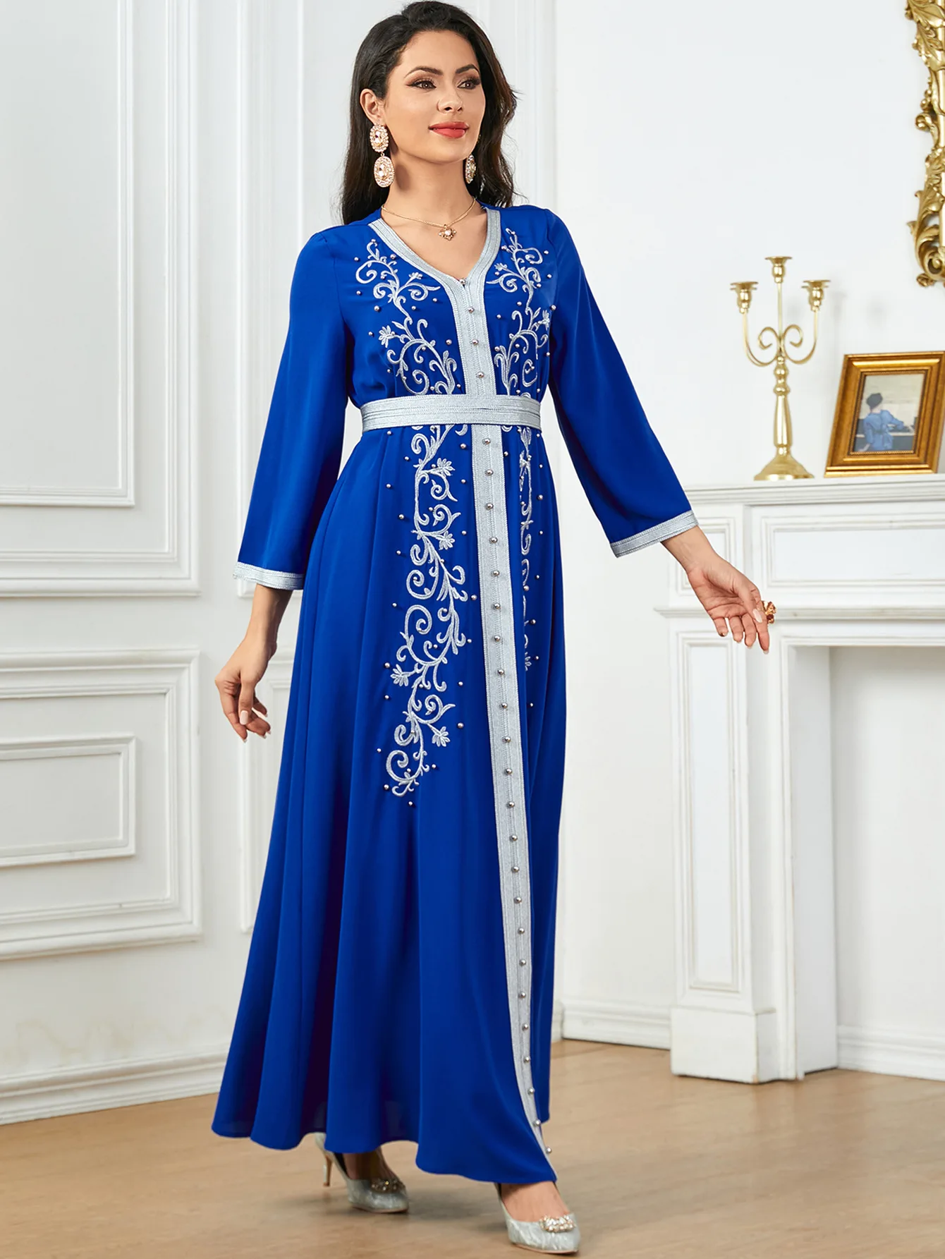 Eid Muslim Dress for Women Abaya Beading V Neck Lace-up Jalabiya Party Dresses Kaftan Vestidos Largos Long Robe Arab Dubai 2024