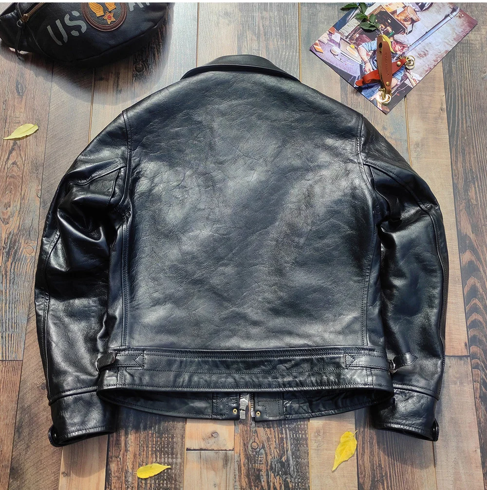 oil Free shipping.천연가죽 Luxury tea core horsehide jacket.Rider Vintage slim natural genuine leather coat.Men Brand leather cloth