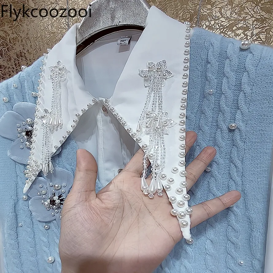 Luxury Premium Rhinestone Tassel Crystal Studded Pearl Flower Shirt Regulai Fit Womens Tops Spring Victorian Blouse White