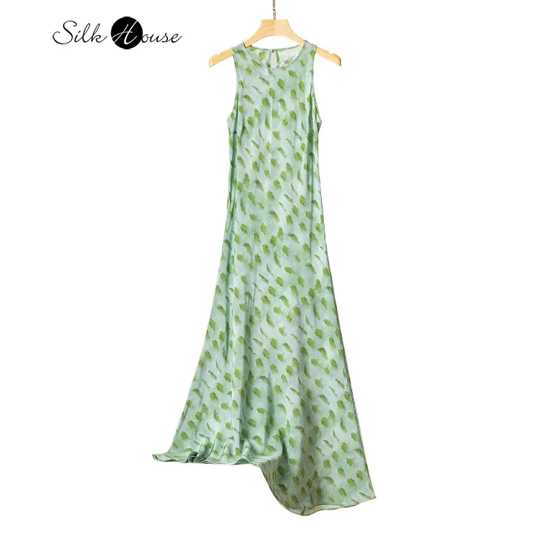 

2025 Women's Casual Summer New 100% Natural Mulberry Silk Crepe De Chine Temperament Sleeveless Slant Cut Tank Top Dress
