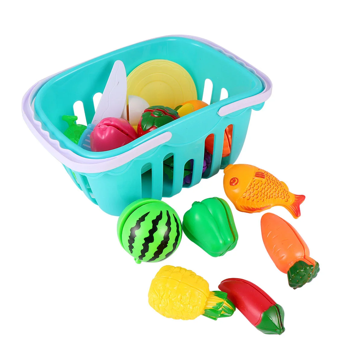 21pcs Cooking Toys Kid Funny Fake Fruits Vegetables Cutting Kitchen Girl Boy (with Basket, Random Color)