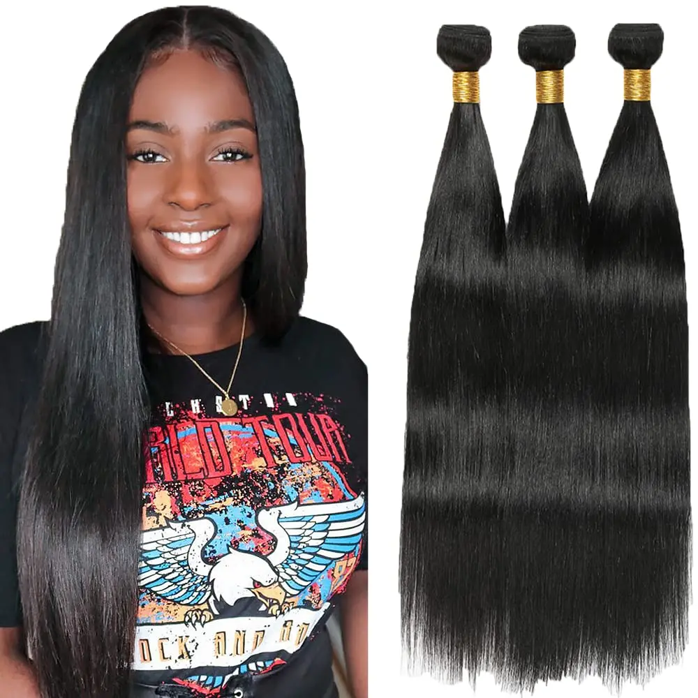 Bundles de cheveux humains raides, Bundles de cheveux humains Trippy, 100% cheveux brésiliens bruts non transformés, 14 ", 14"