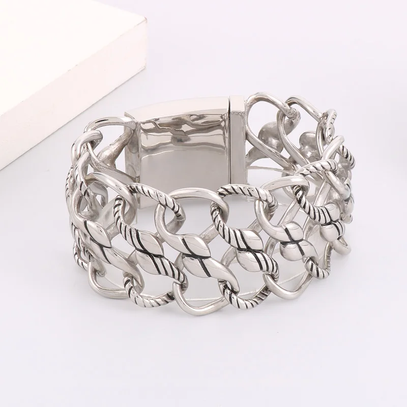 Fongten Twisted Charm Bracelet For Men Silver Color Shiny Stainless Steel Hollow Chain Man Bracelets Jewelry Wholesale