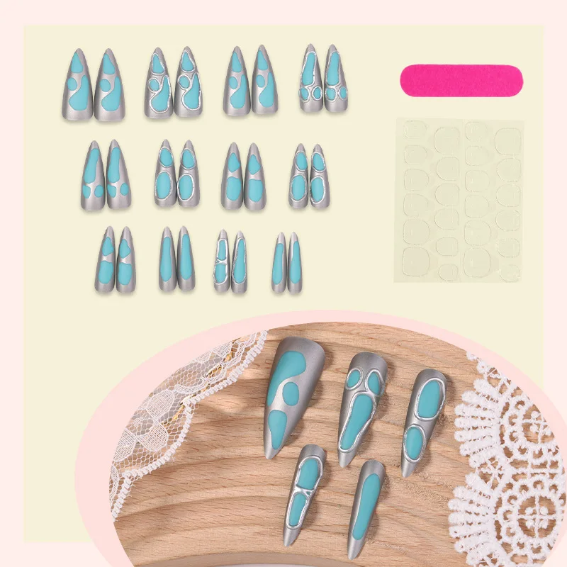24PCS Metallic Fake Nails Dark Bluel Chrome Edgy Design False Nails with Luxury European Aurora Spicy Cool Style Press on Nails