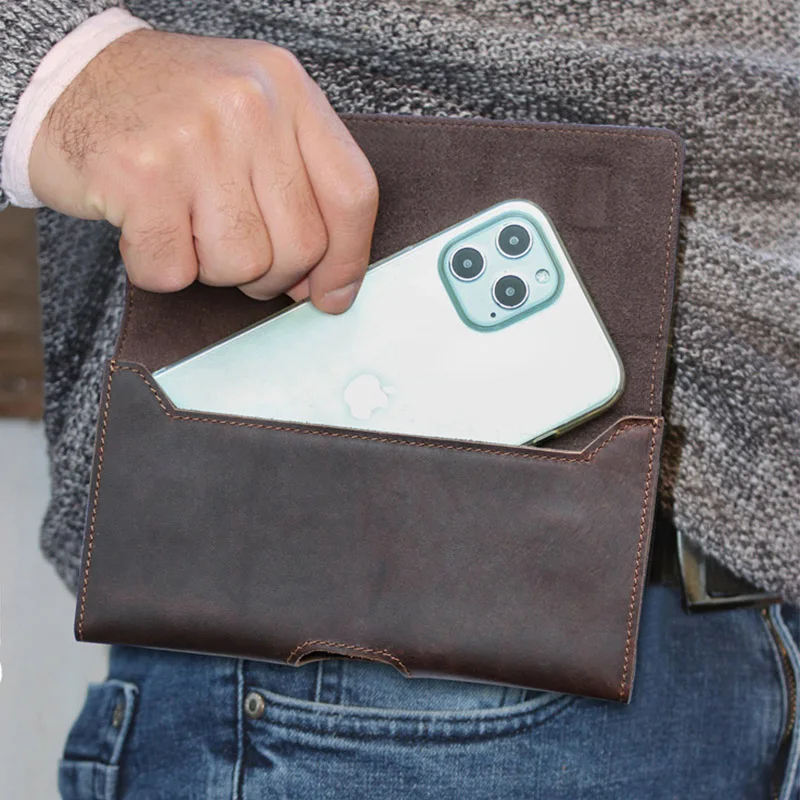 Phone Holster Genuine Cowhide Leather Durable Belt Clip Phone Pouch for Men Waist Bags Outdoor Daily Use