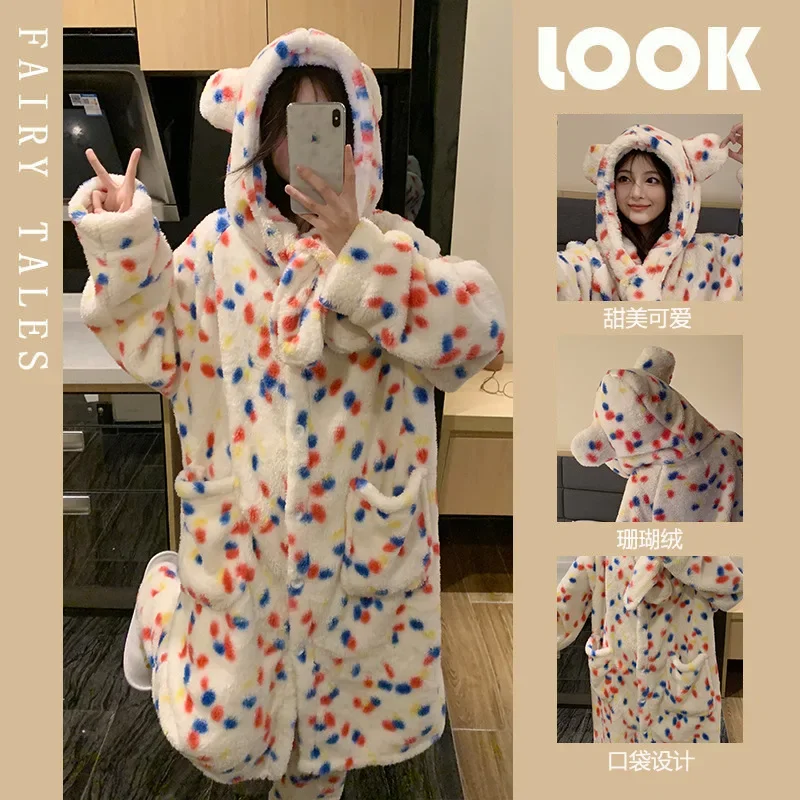 Plus Size Leopard Winter Hooded Robe Pajamas Set Women Plush Soft Home Suit Coral Pjs Long Sleeve Thick Warm Flannel Loungewear