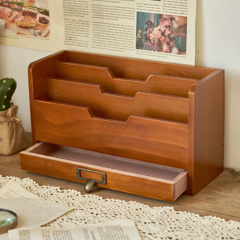 Zakka Grocery Vintage Wooden Desktop Drawer Storage Box Office Supplies File Organizing Box Storage Wooden Box