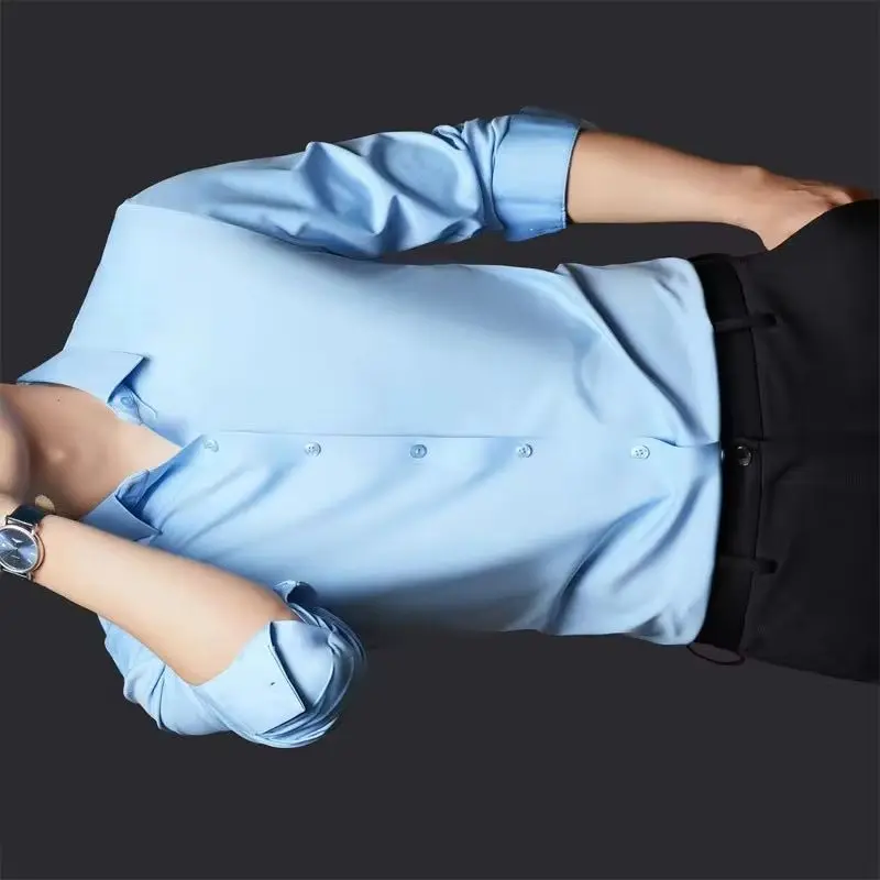 S-6XL Classic Solid Color Work Formal White Shirt Men Long Sleeve Slim Fit Business Non Iron Soft Cozy Men's Shirt Long Sleeve