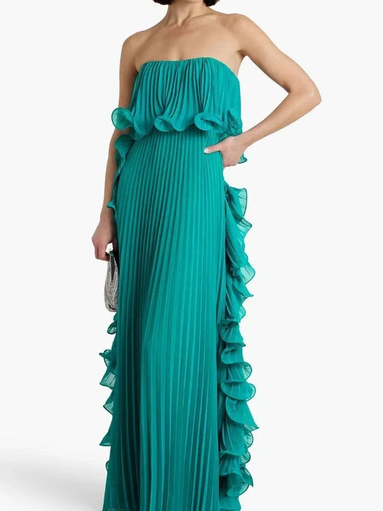 

BluWin Fashion High Waist Swing Evening Dress Summer Strapless Ruffle Party Dress Lady Elegant Off Shoulder Pleated Long Dress