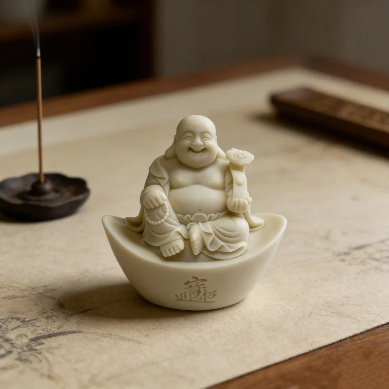 Ivory carving of Maitreya Buddha sitting on a gold ingot, decorative craft for home living room, TV cabinet, or car