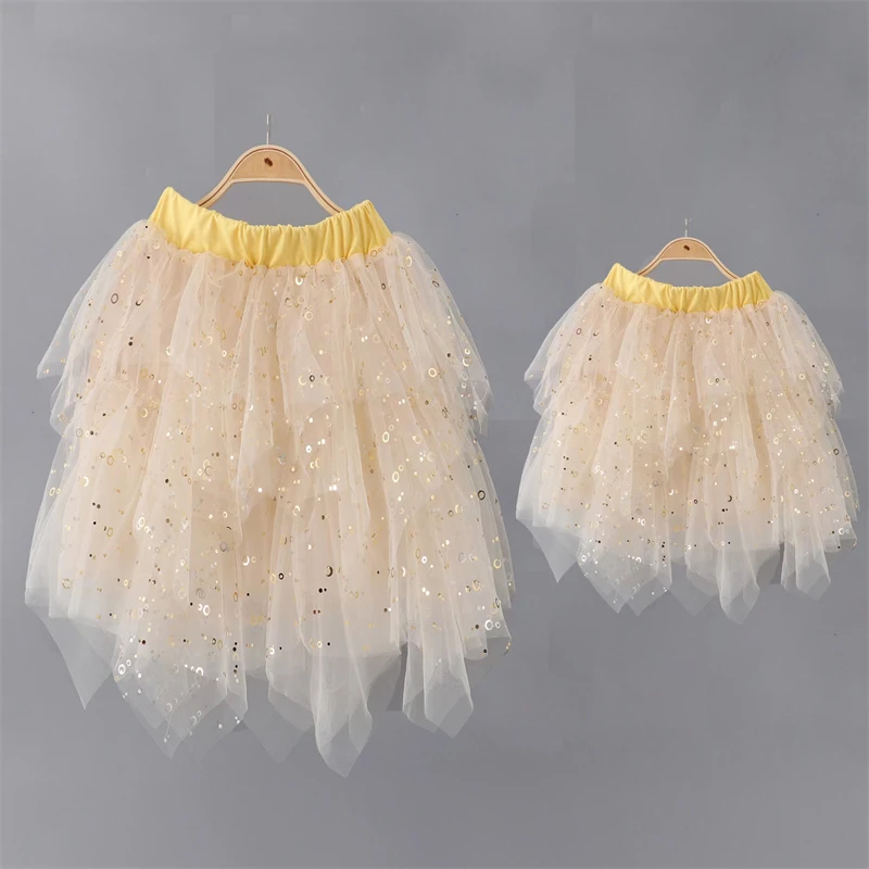 Family Set Sequin Mommy and Me Clothes Irregular Mother Daughter Matching Dresses Mesh Women Girls Tutu Skirts Outfits 2024