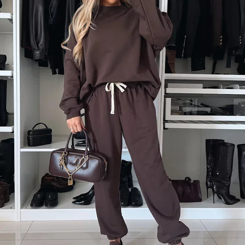 Women's Autumn Fashion Casual Loose Sports Two Piece Set O Neck Long Sleeved Solid Color Sweatshirt Pullover + Pants Set Women