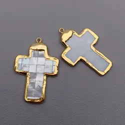 5 Pcs White Shell 30x40mm Crucifix Pendant Gold Plated For Jewelry Making