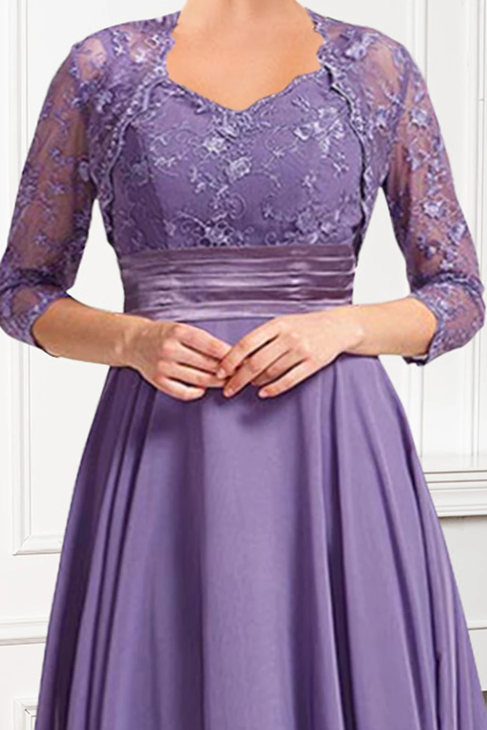 Flycurvy Plus Size Mother Of The Bride Purple Chiffon Lace Embroidery Two Pieces Tea-Length Dress With Jacket