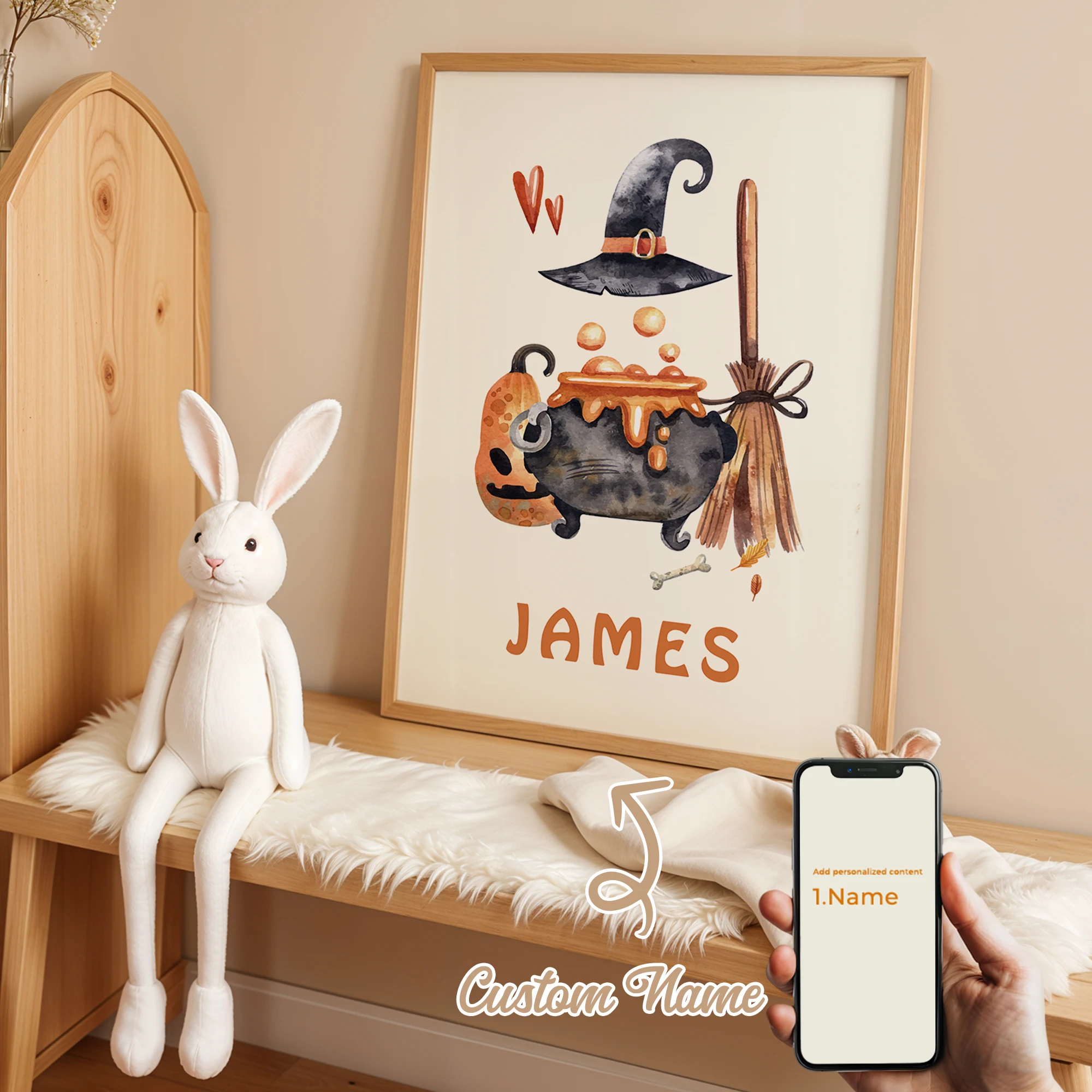 

1Pcs Personalized Custom Name Witch Cat Wall Art Printmaking Canvas Painting Poster Picture For Halloween Living Room Home Decor