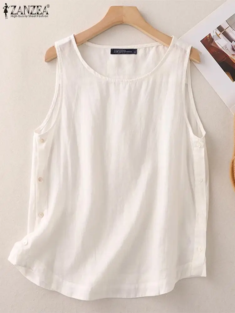 2024 ZANZEA Summer Vintage Tanks Tops Women Fashion O Neck Sleeveless Blouse Solid Loose Beach Shirt Casual Cotton Camis Blusas