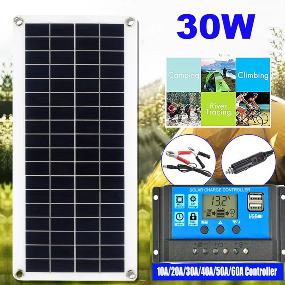 30W Flexible Solar Panel Solar Cells for Car RV Boat Home Roof Van Camping Solar Battery 10A Solar Controller Module