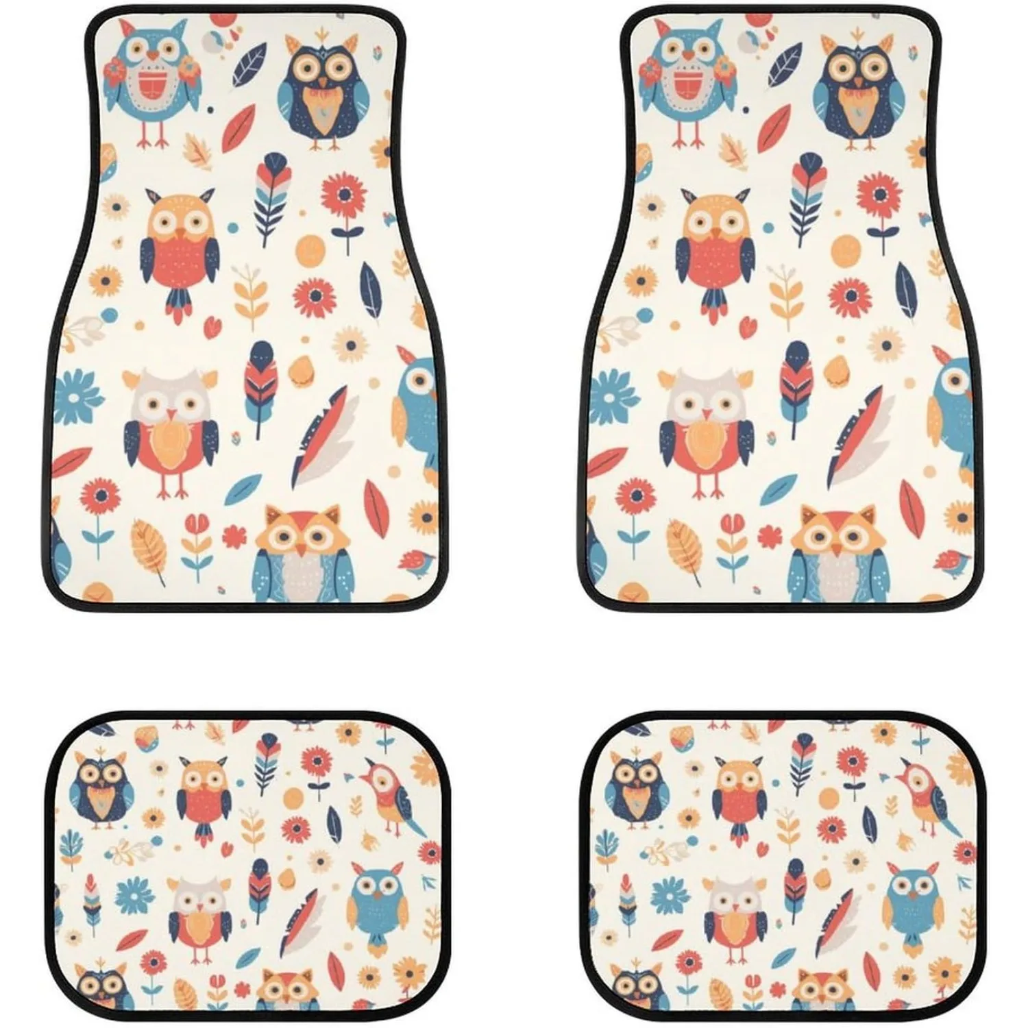 Adorable Owls Bohemian 4pcs Car Floor Mats, All-Weather Universal Fit Car Decoration Additions Suitable For Suvs, Vans, Sedans,