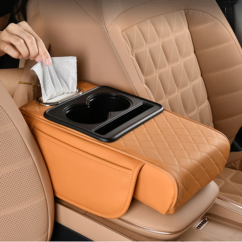 

Car Armrest Cover With Cup Holder And Tissue Box 3 in 1 Auto Center Console Armrest Cushion Side Pocket Organizer Elbow Support