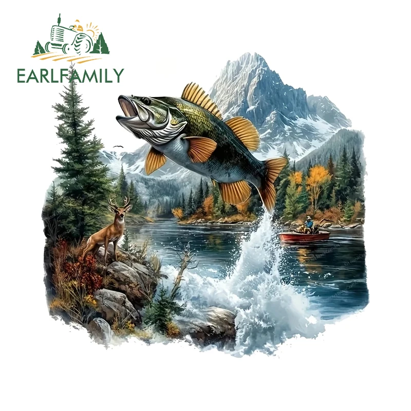 EARLFAMILY Fisch Schöne Landschaft Design Auto Aufkleber Persönlichkeit Motorrad Angelgerät Box PVC Aufkleber RV Benutzerdefinierte Druck
