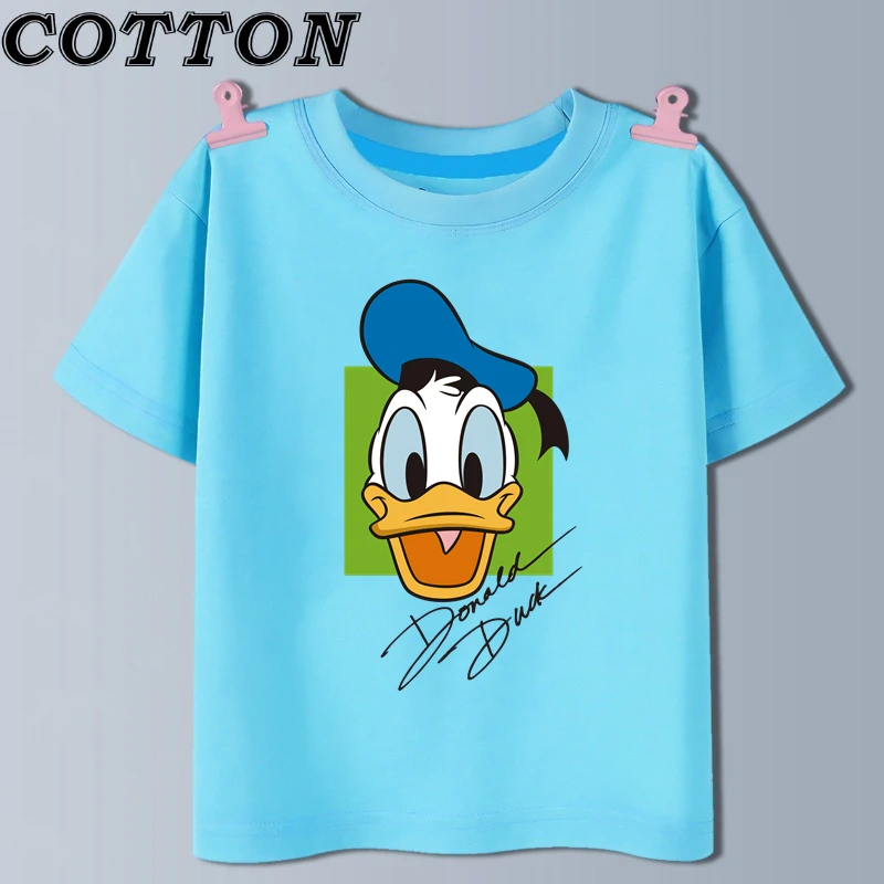 Disney Cute Donald Duck Cotton Fashion Summer Children\'s Cartoon T-shirt Round Neck Short Sleeve Print Pattern