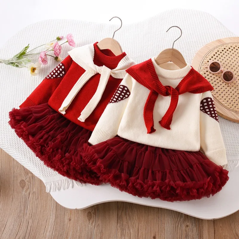 

New Autumn/Winter Korean-Sweet Girls' Knit Set, Heart Tulle Skirt Two-Piece with Shawl,Soft Skin-Friendly Princess Outfit