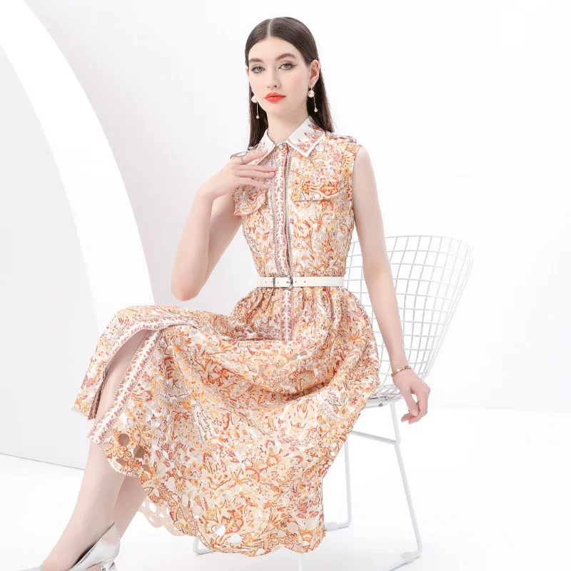 Retro Lace Collar Waist Cinched Svel Printed Long Dr Spring 2025 Early Vintage Sle Full Length Women's Dr