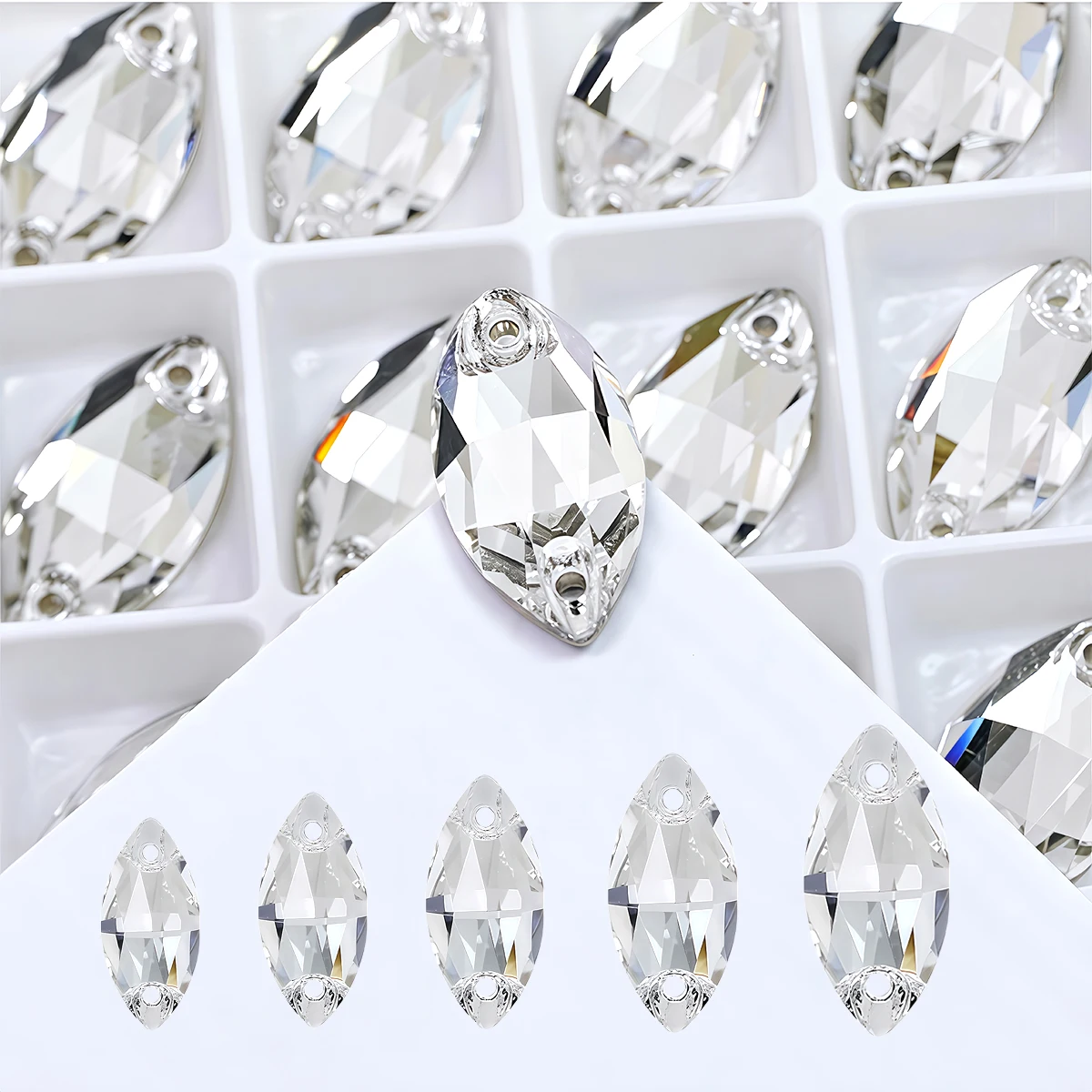Kristallglas-Strasssteine zum Aufnähen, Pferdeaugenform, 2 Löcher, flache Rückseite, für Hochzeitskleidung, Ornamente, Kleidung, Taschen, Schuhe – Detail 3