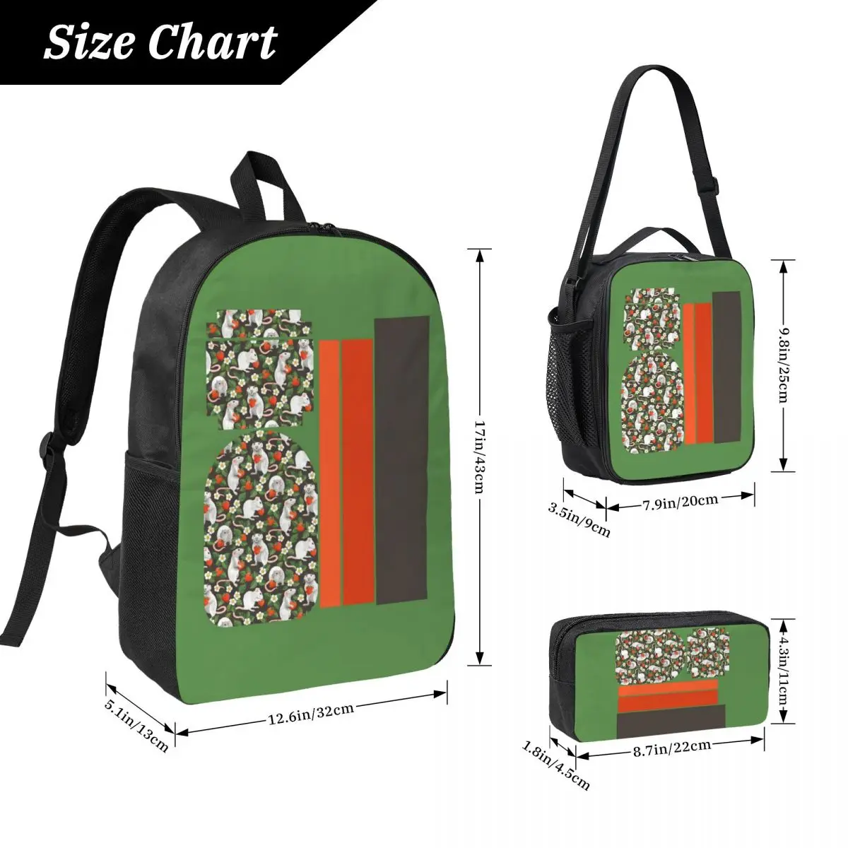Rats Love Strawberries On Vintage Dark Brown Backpack Student Boys Girls BookBag School Bag 3ps Insulated Lunch Bag Pencil Case