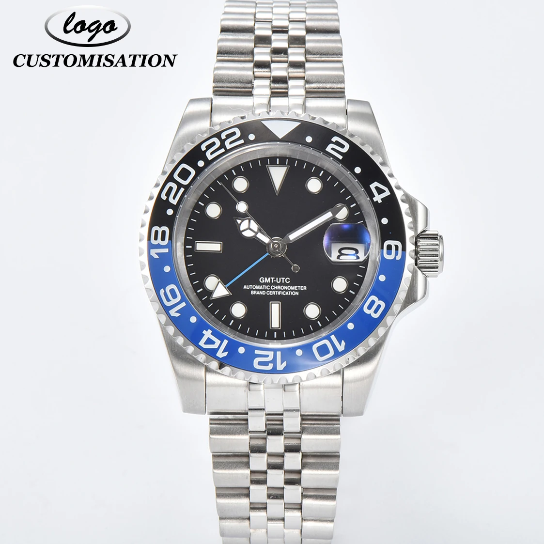 Custom Logo Men Mechanical Automatic Black Dial GMT Watches NH34 Movement Sapphire Glass Stainless Steel