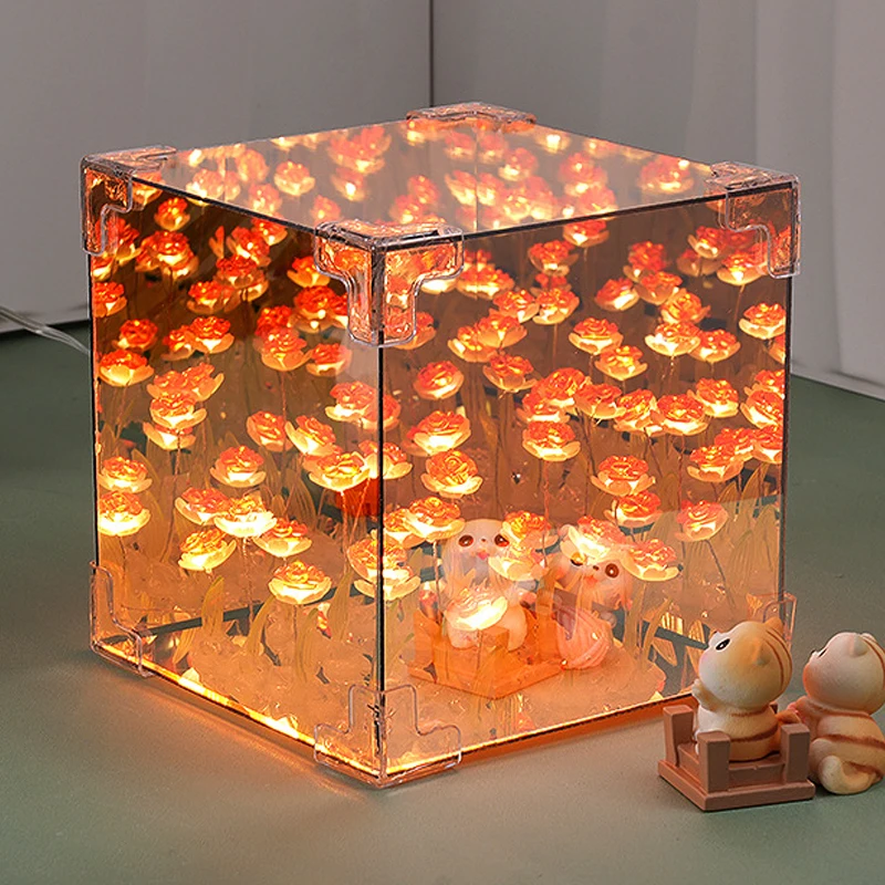 Romantic Rose Flower Box Handmade Led Tulip Night Light DIY Material Package Bed Desktop Ornament Mirror Box Living Room Decor