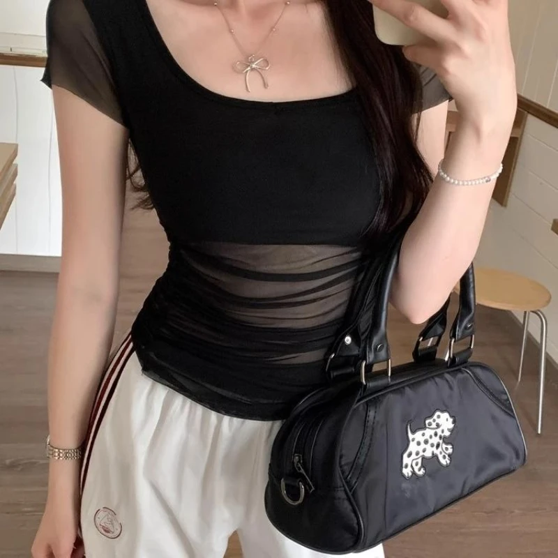 

Black Sexy Spice Girl Mesh Splicing Square Neck Short Sleeve T-Shirt Women's Summer Shoulder Skinny Niche Top