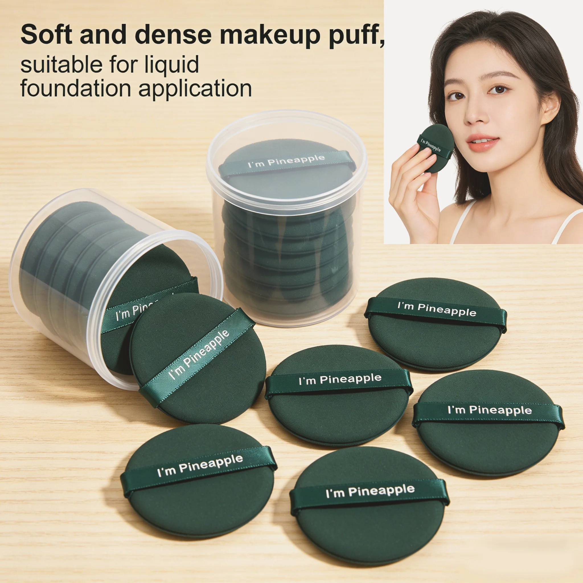 7-piece cushion sponge set, compatible with various products such as foundation liquids, cushions, and powder compacts.