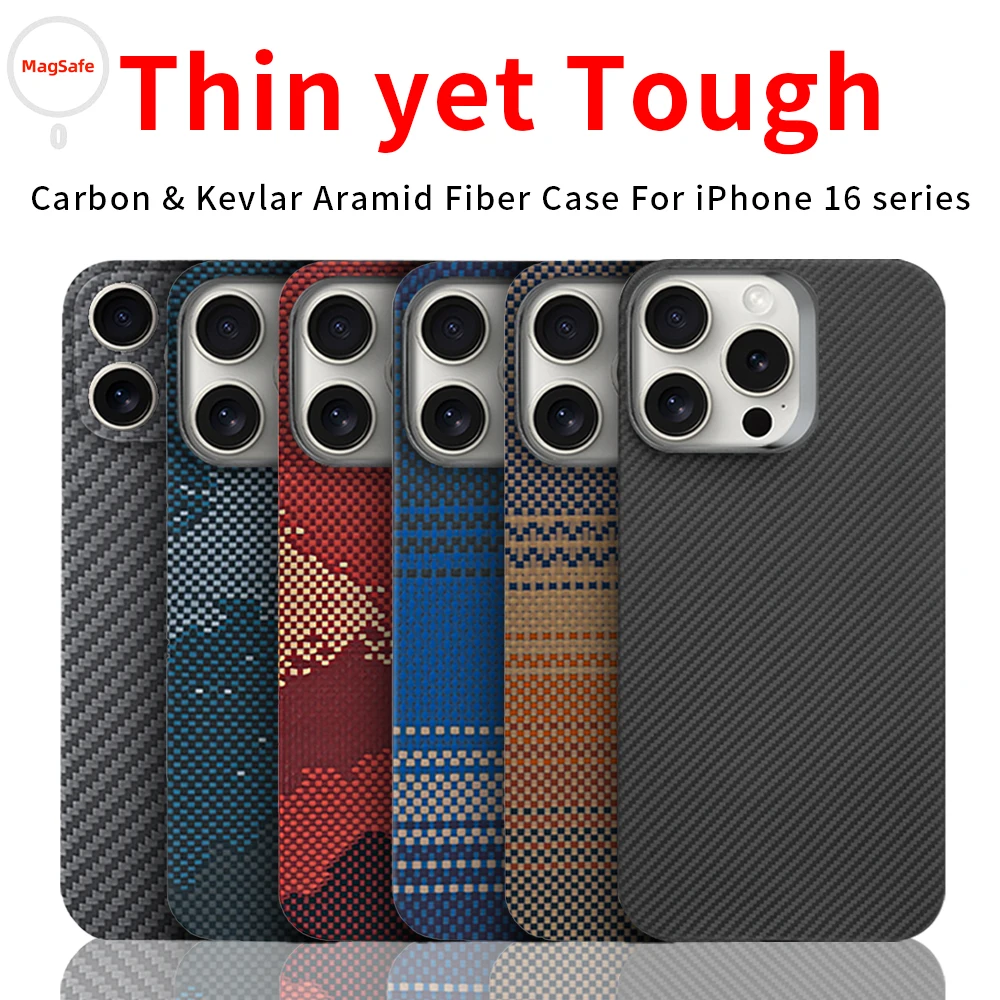 For iphone 16 pro max/16 Pro/16 Plus/16 carbon case kevlar 600d aramid fiber thin hard cover magnetic balck Slim light red