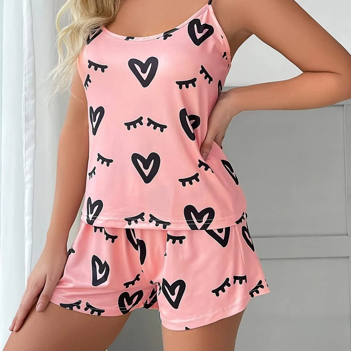 

Пижама для женщин 2-х предметов - Estampado de Corazón, Camisola + Pantalones Cortos | Ропа Dormir Veraniega Bonita и Cómoda para