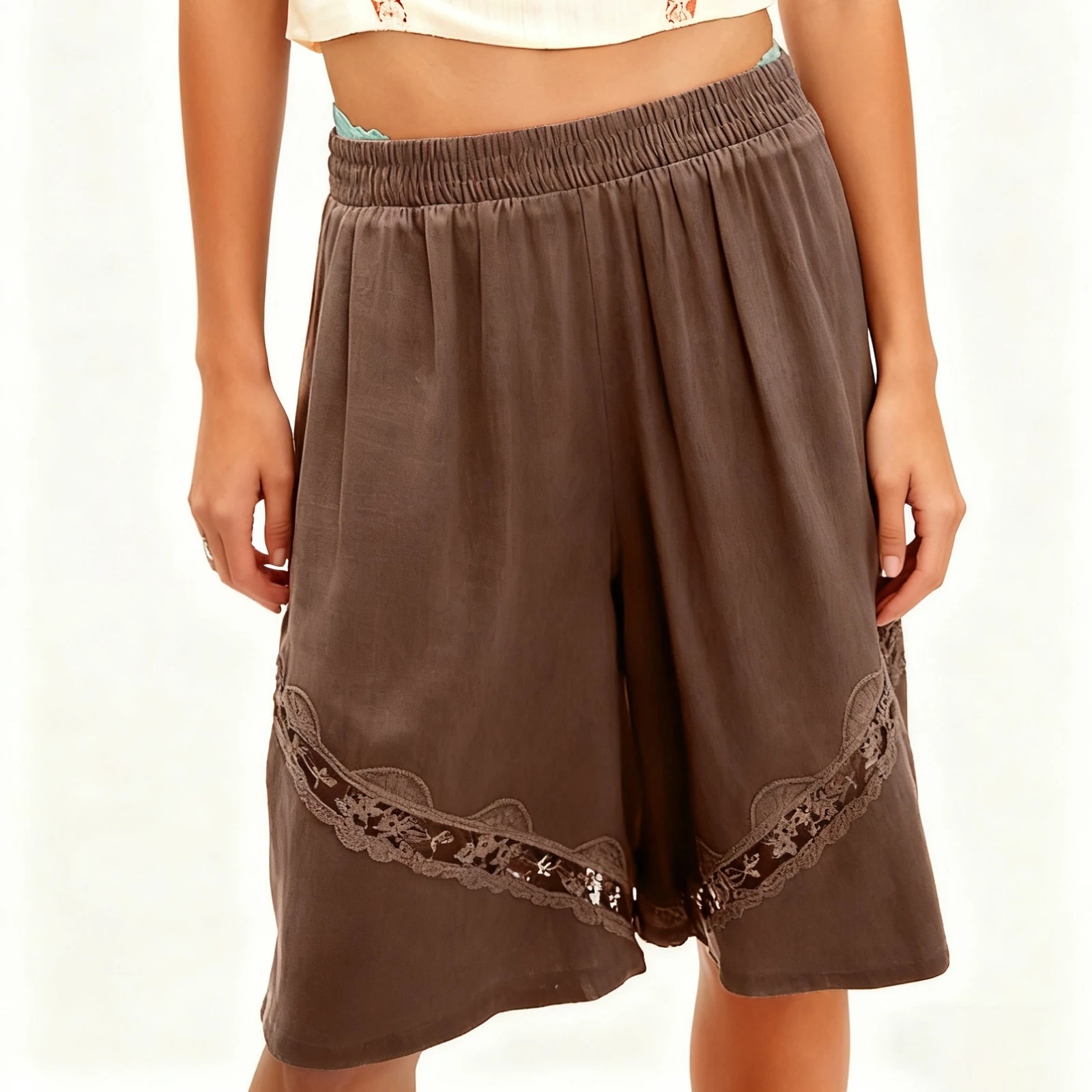 Harajuku Knee Length Cargo Shorts for Women Summer Kawaii Lace Flower Elastic Waist Casual Loose Shorts Baggy Pants Streetwear