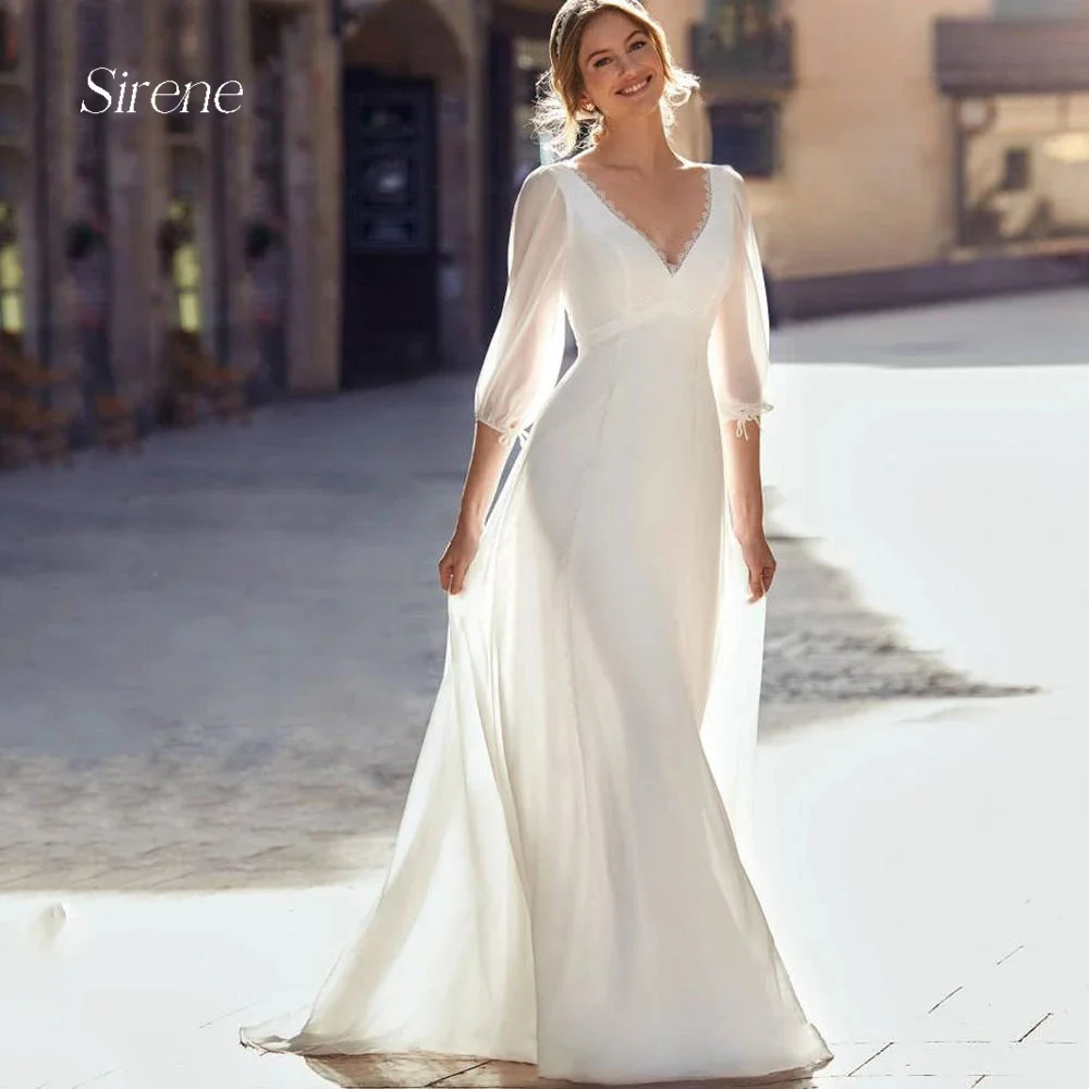 Abito da sposa in pizzo con applicazioni in chiffon con scollo a V personalizzato Abito da sposa incrociato senza schienale a tre quarti Vestido De Novia